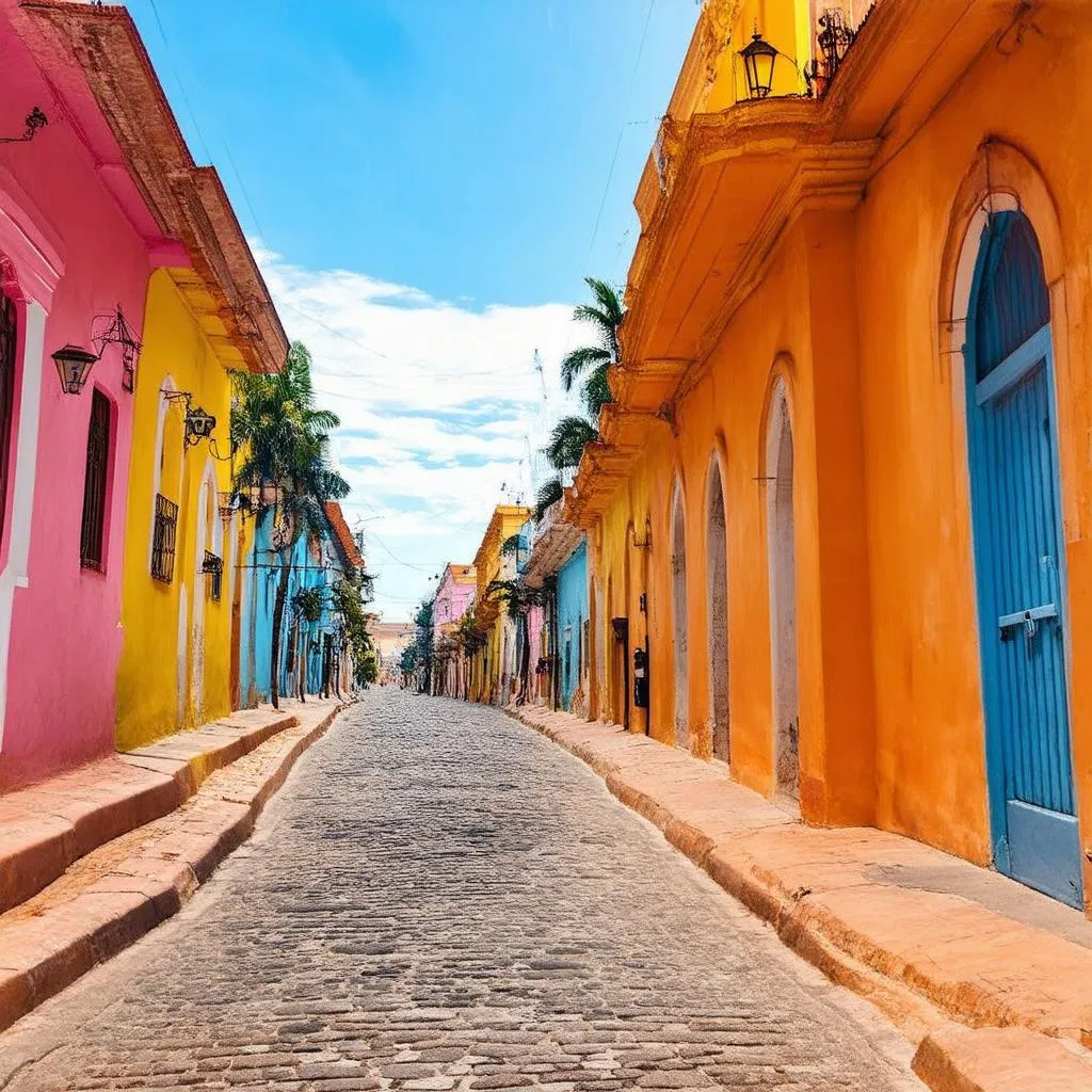 Cobblestone street and colonial architecture in Trinidad