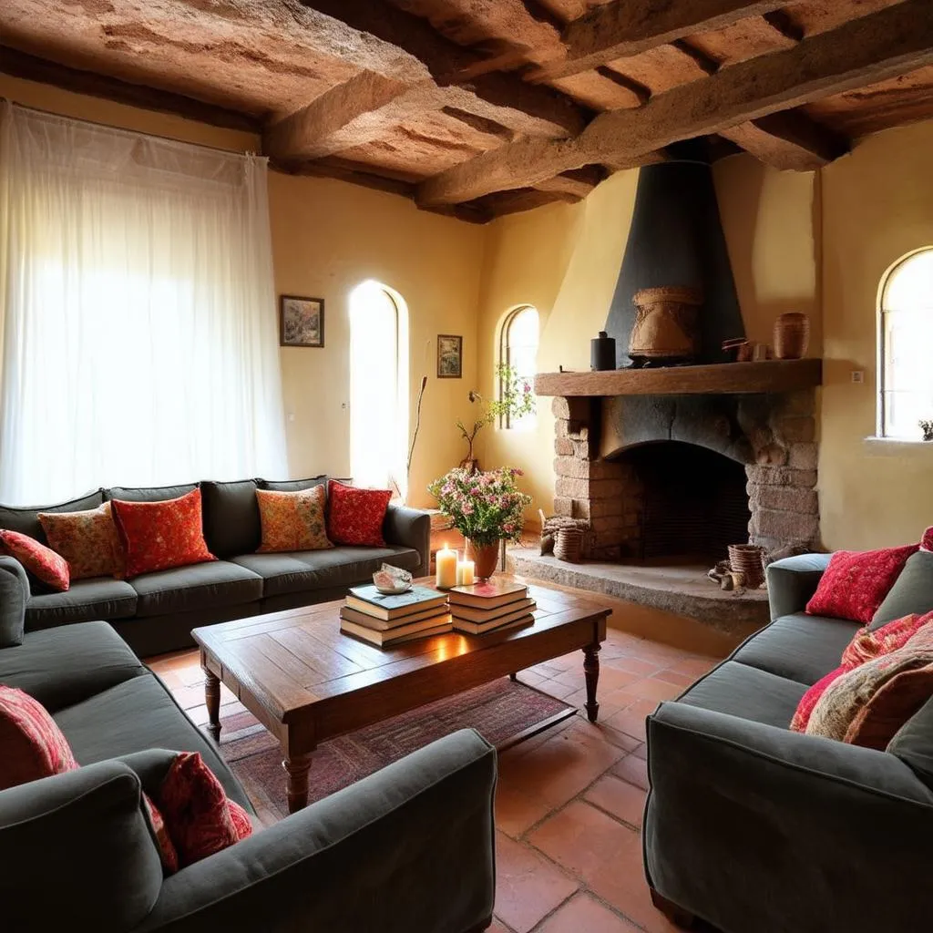 A cozy living room with rustic Tuscan-style furniture and decor.