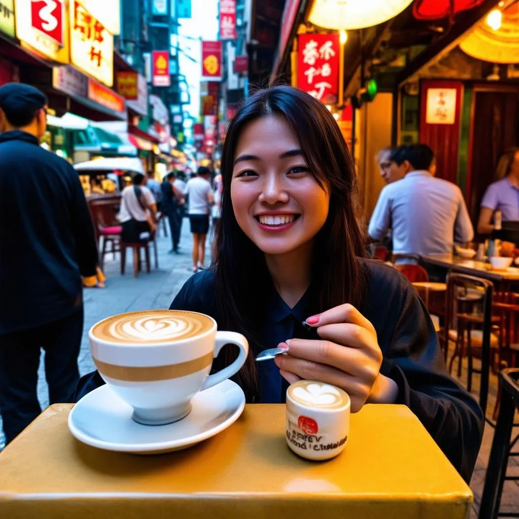 A woman enjoys Vietnamese coffee at a cafe