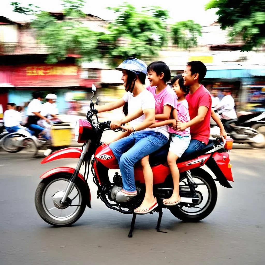 Vietnamese family riding a motorbike