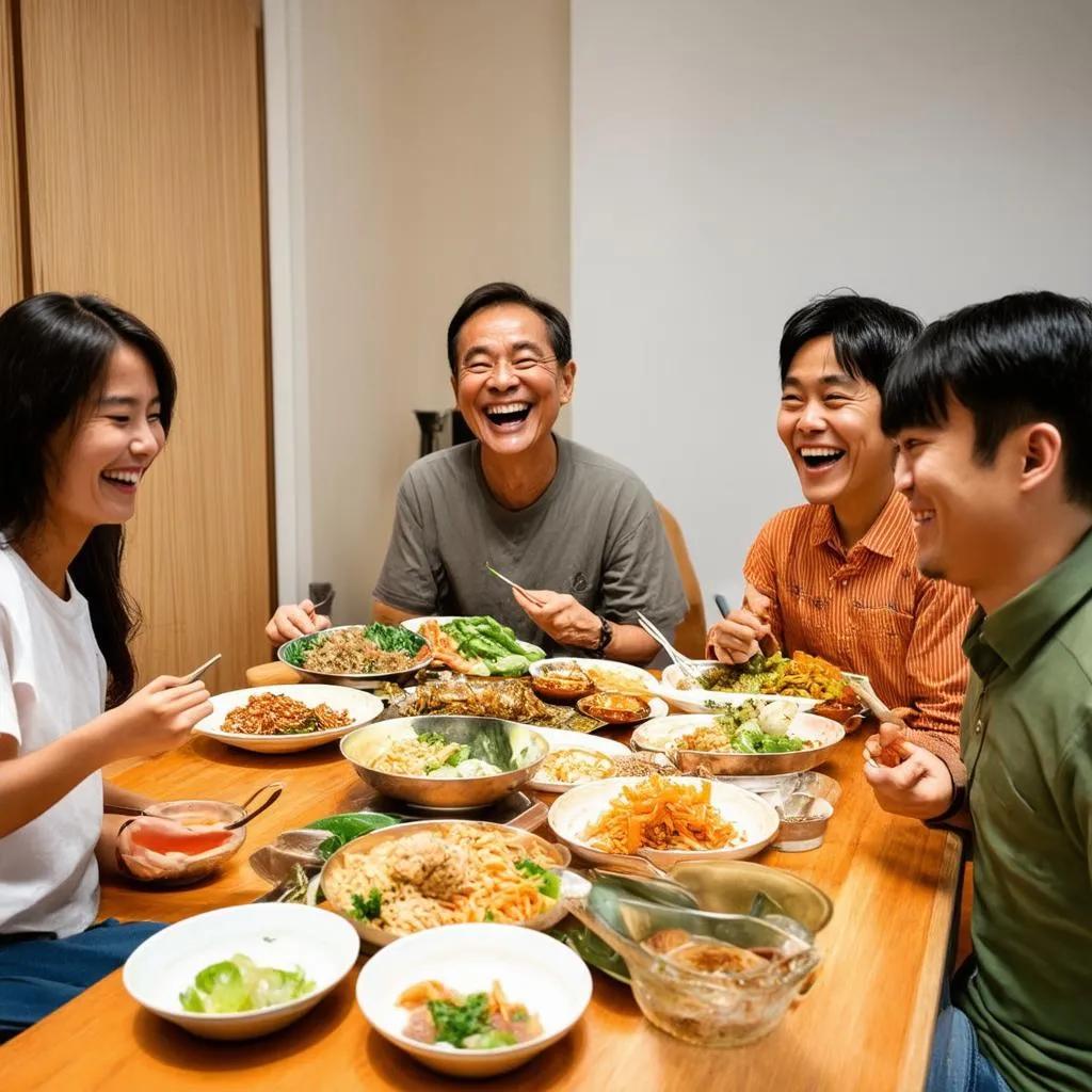 Vietnamese family enjoying dinner