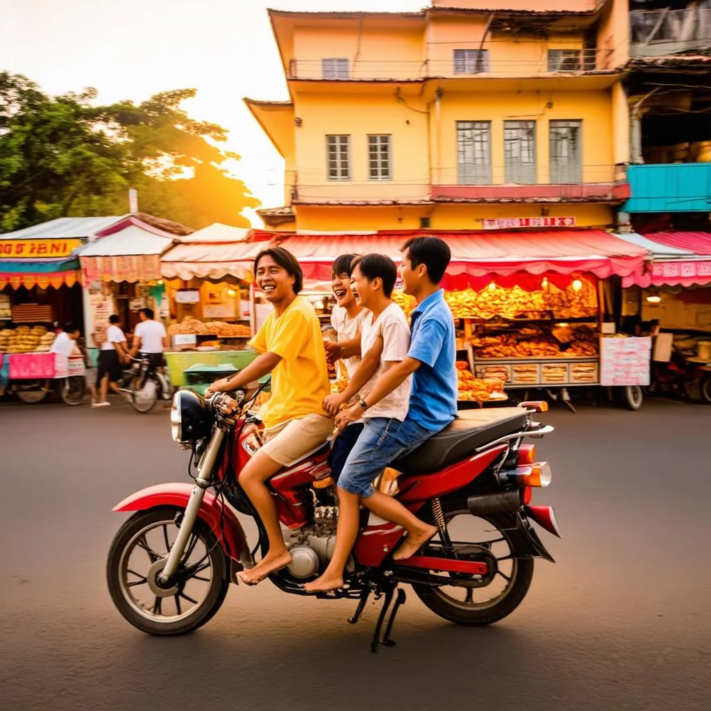 Vietnamese family enjoying a motorbike ride