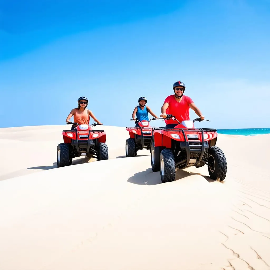 Tourists riding quad bikes on sand dunes