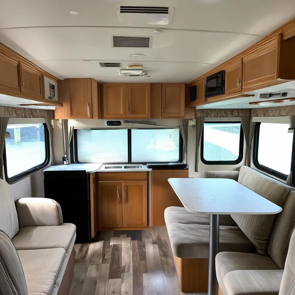 Spacious and well-lit interior of a Winnebago travel trailer