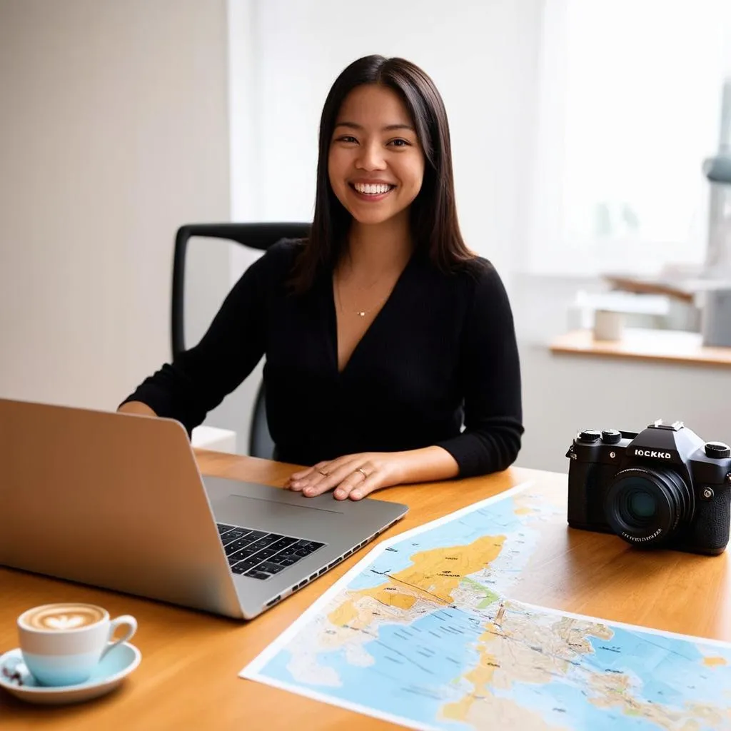 Woman planning a trip using laptop and map