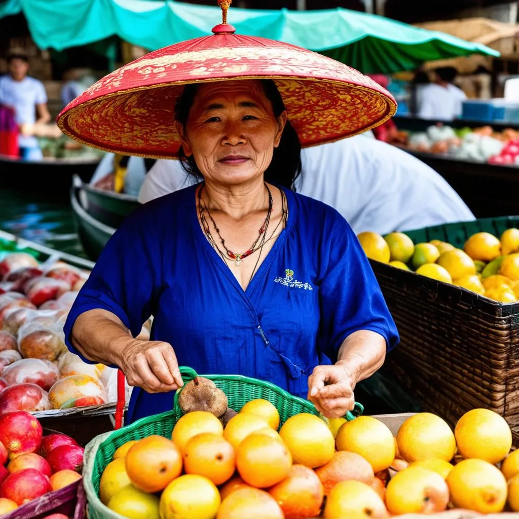 Local Woman Buying Fruit at Cai Rang Floating Market