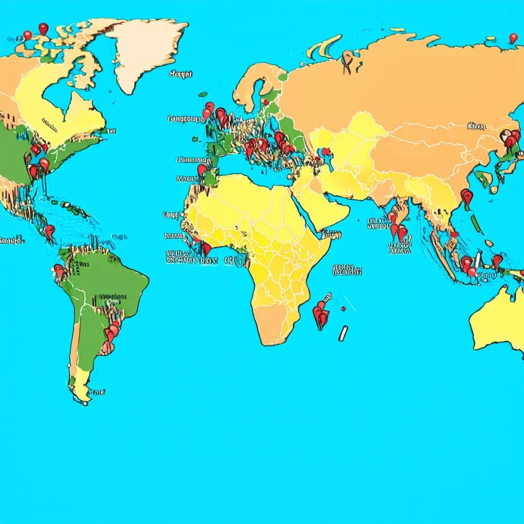 World Map with Highlighted Destinations