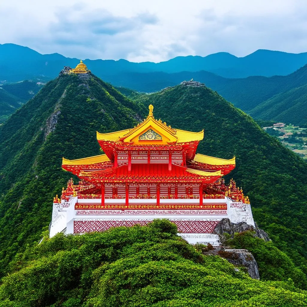 A vibrant Buddhist pagoda perched on a mountain peak, surrounded by lush greenery and overlooking a vast landscape.