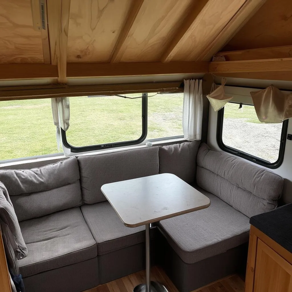 A-frame interior with cozy seating area