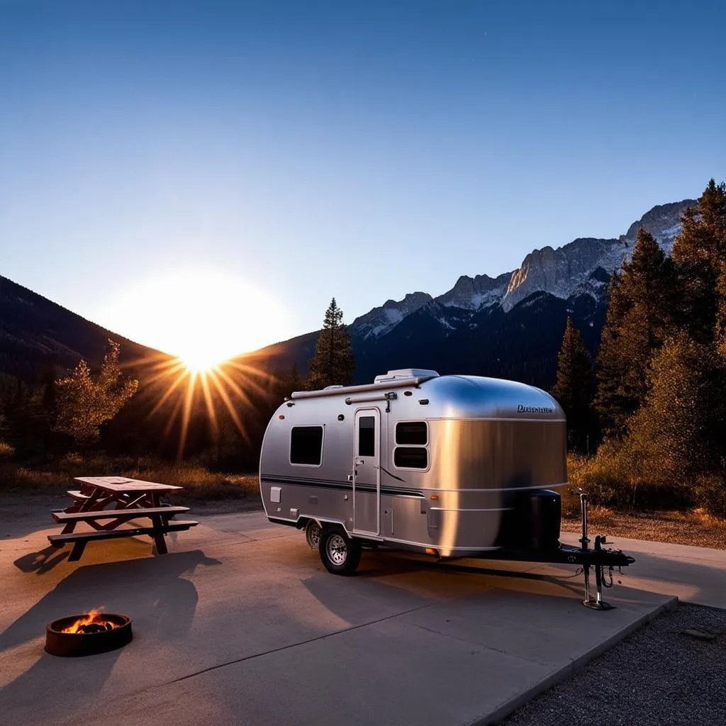 A-frame trailer parked at a scenic campsite