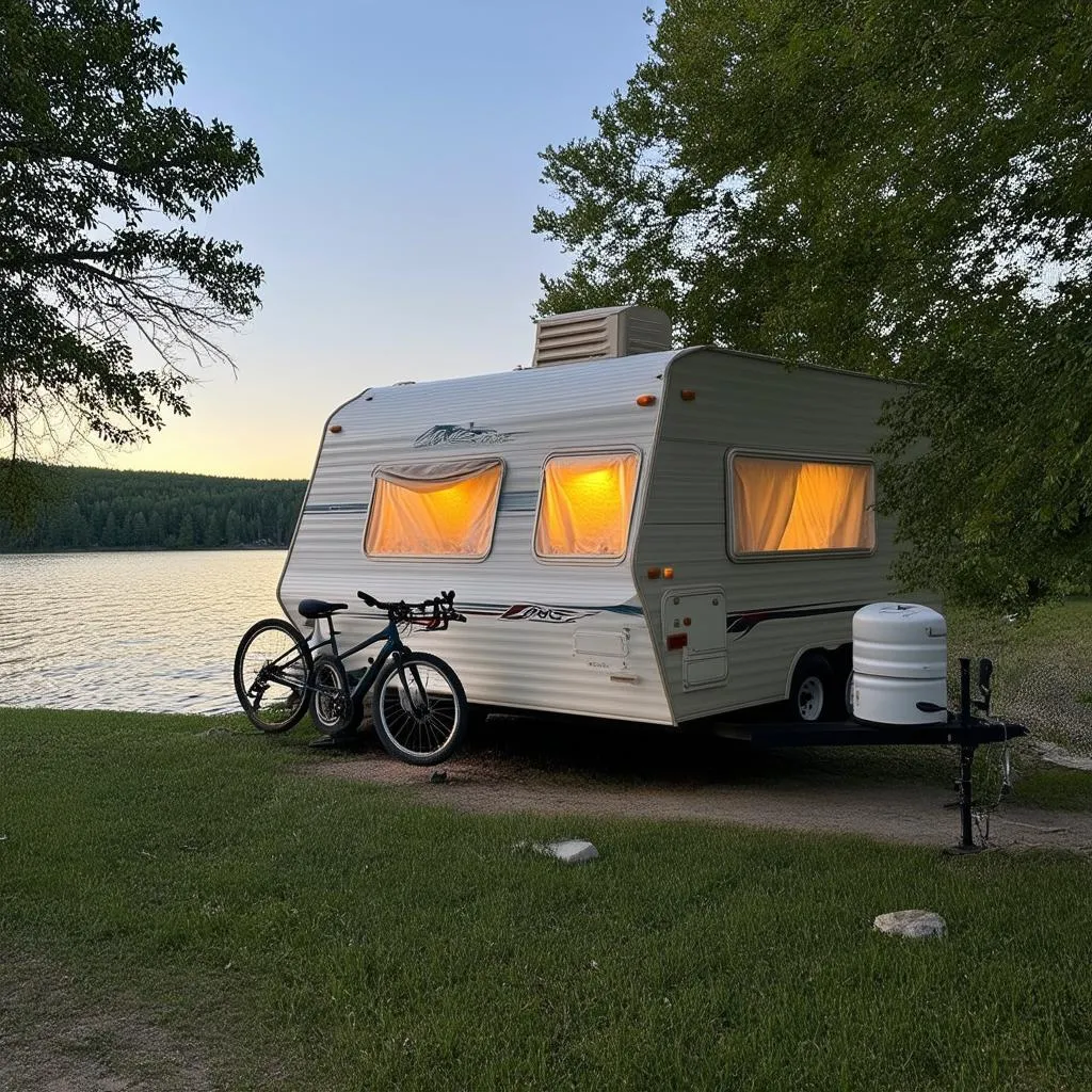 A-frame travel trailer parked at a scenic campsite