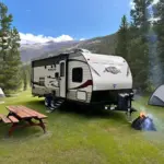 a-liner travel trailer at a scenic campsite