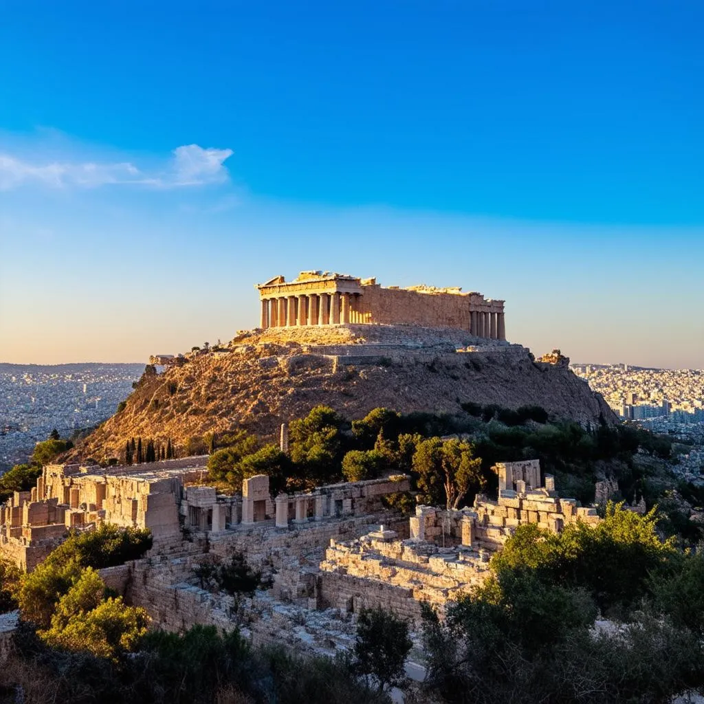 Ancient ruins of the Acropolis in Athens, Greece, against a clear blue sky.