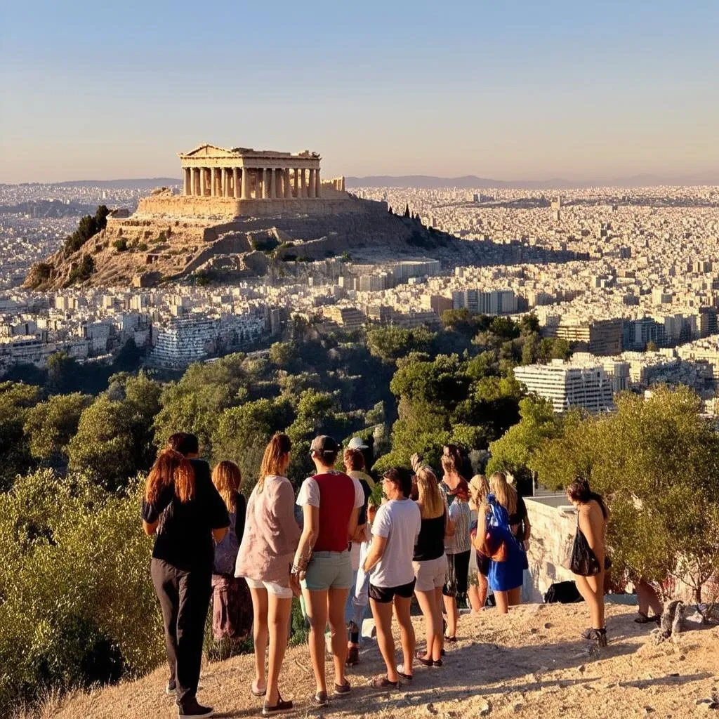 Acropolis at Sunset with Tourists