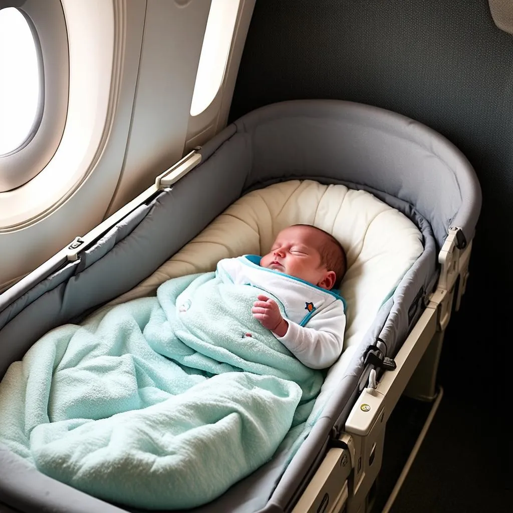 baby sleeping in a bassinet on an airplane