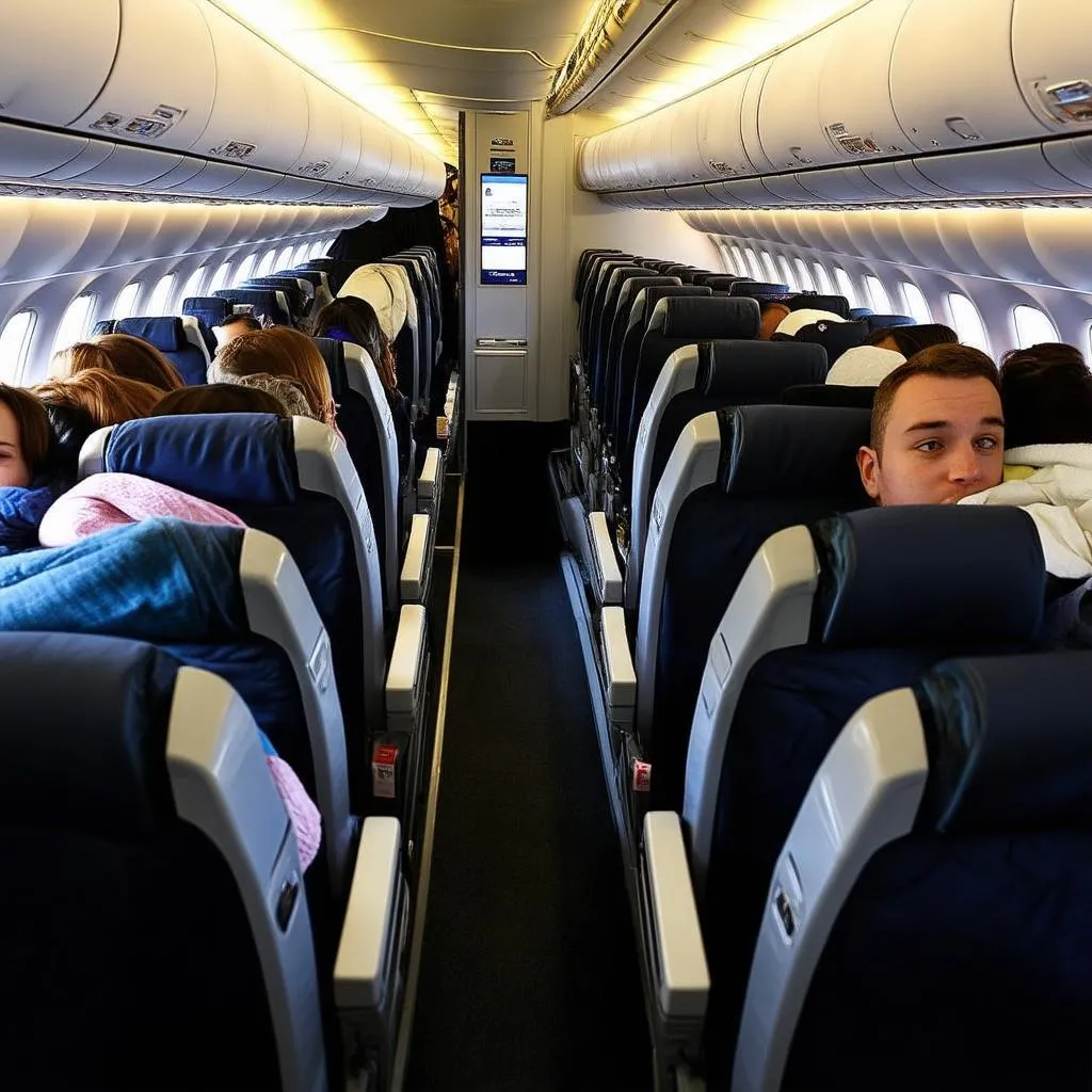 Cramped airplane cabin