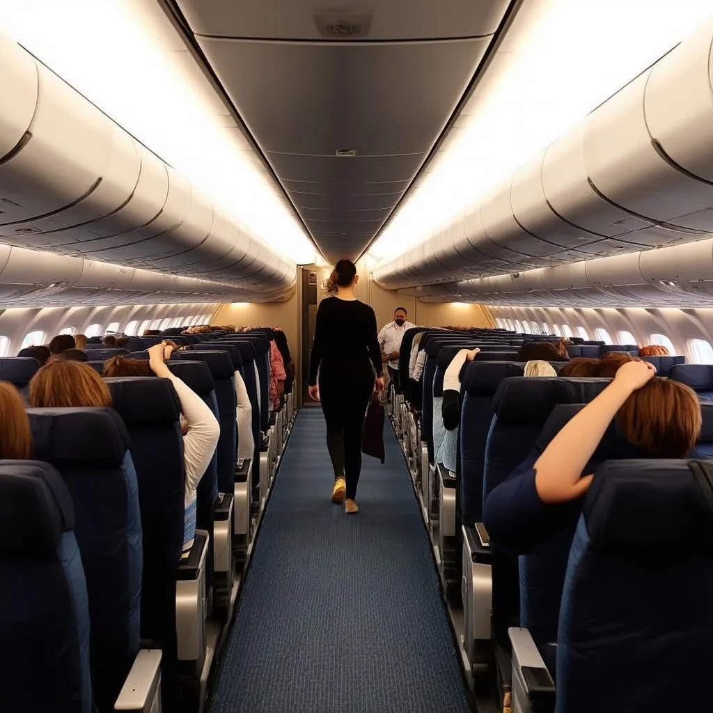 Passengers walking in the aisle of an airplane cabin