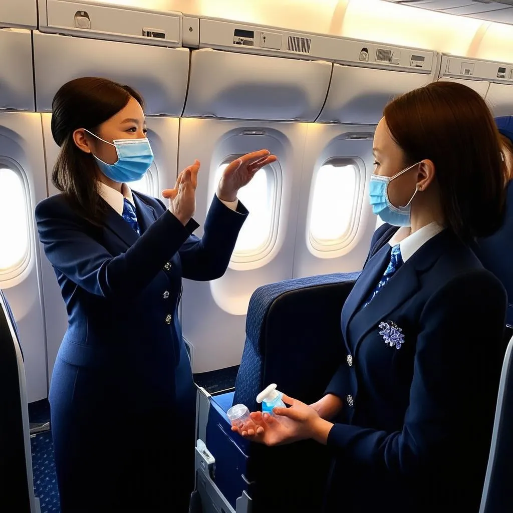 flight attendants demonstrating safety measures