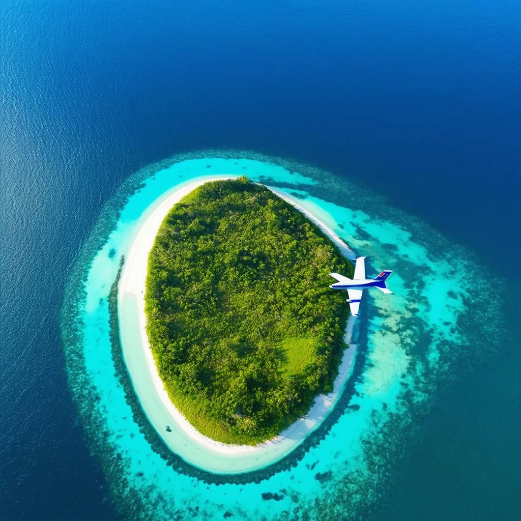 airplane flying over tropical island