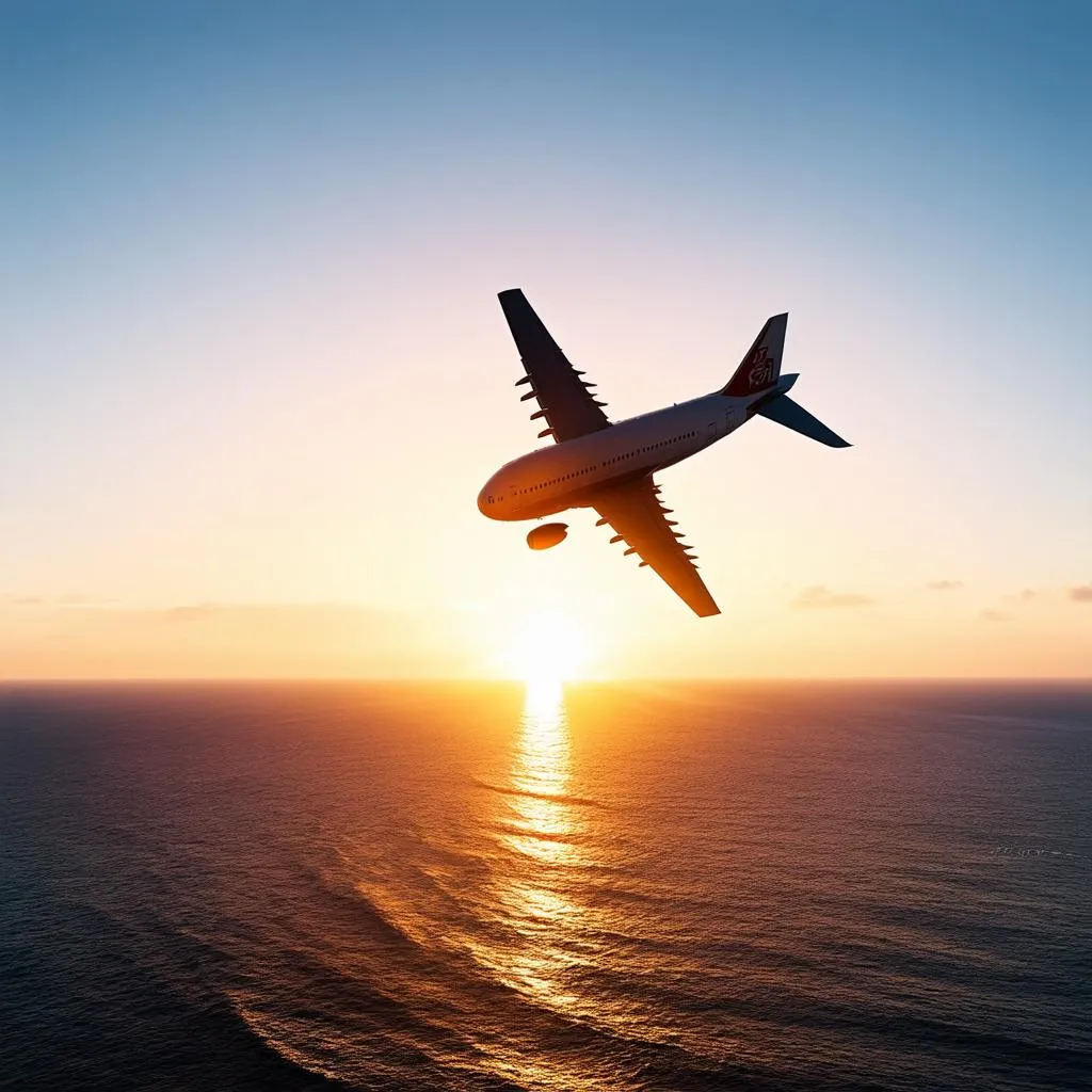 airplane taking off at sunset