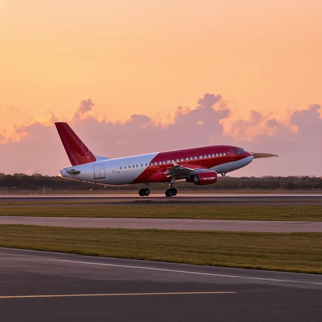 airplane taking off at sunset