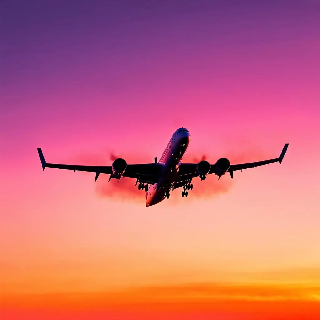 Airplane Taking Off at Sunset