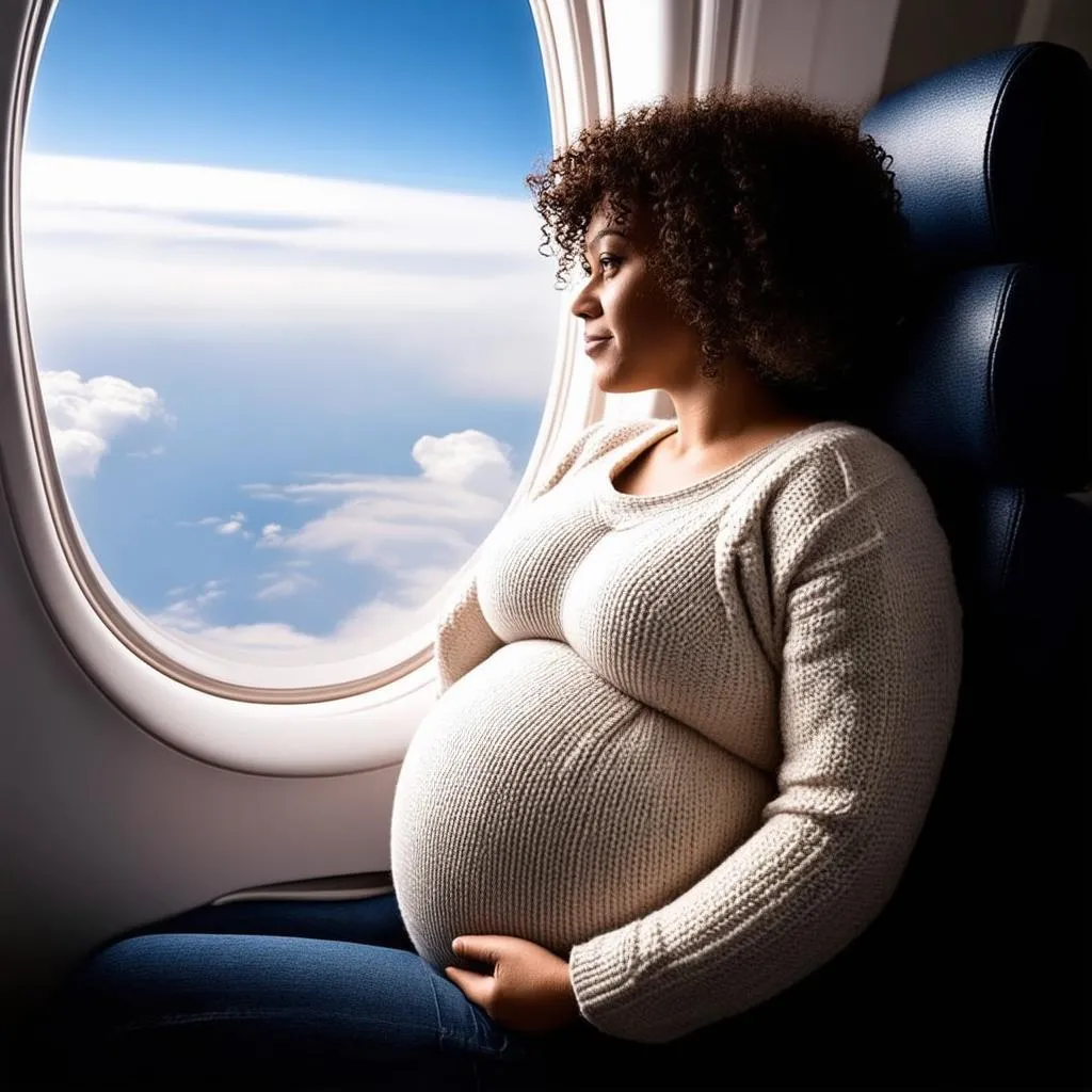 Pregnant woman gazing out of an airplane window