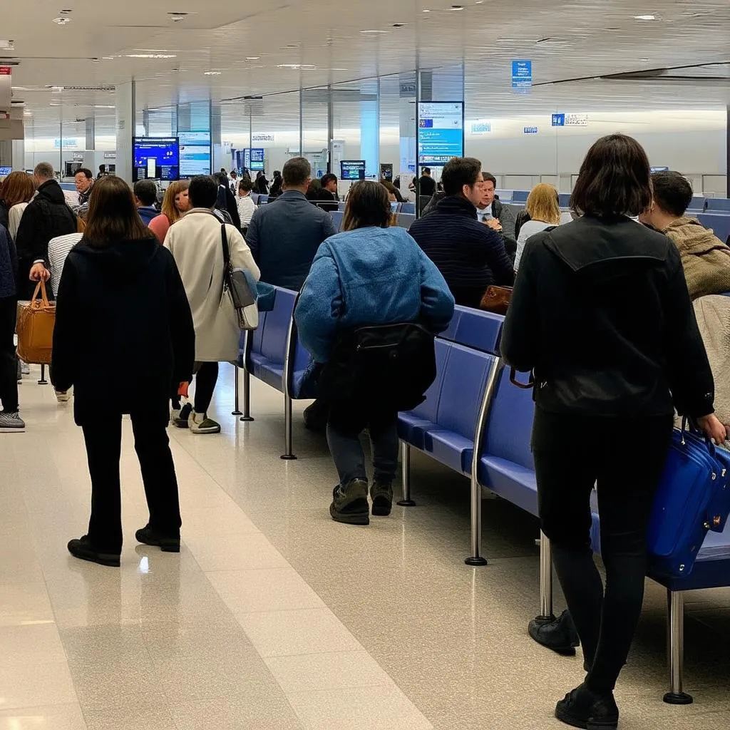 Travelers in airport departure lounge