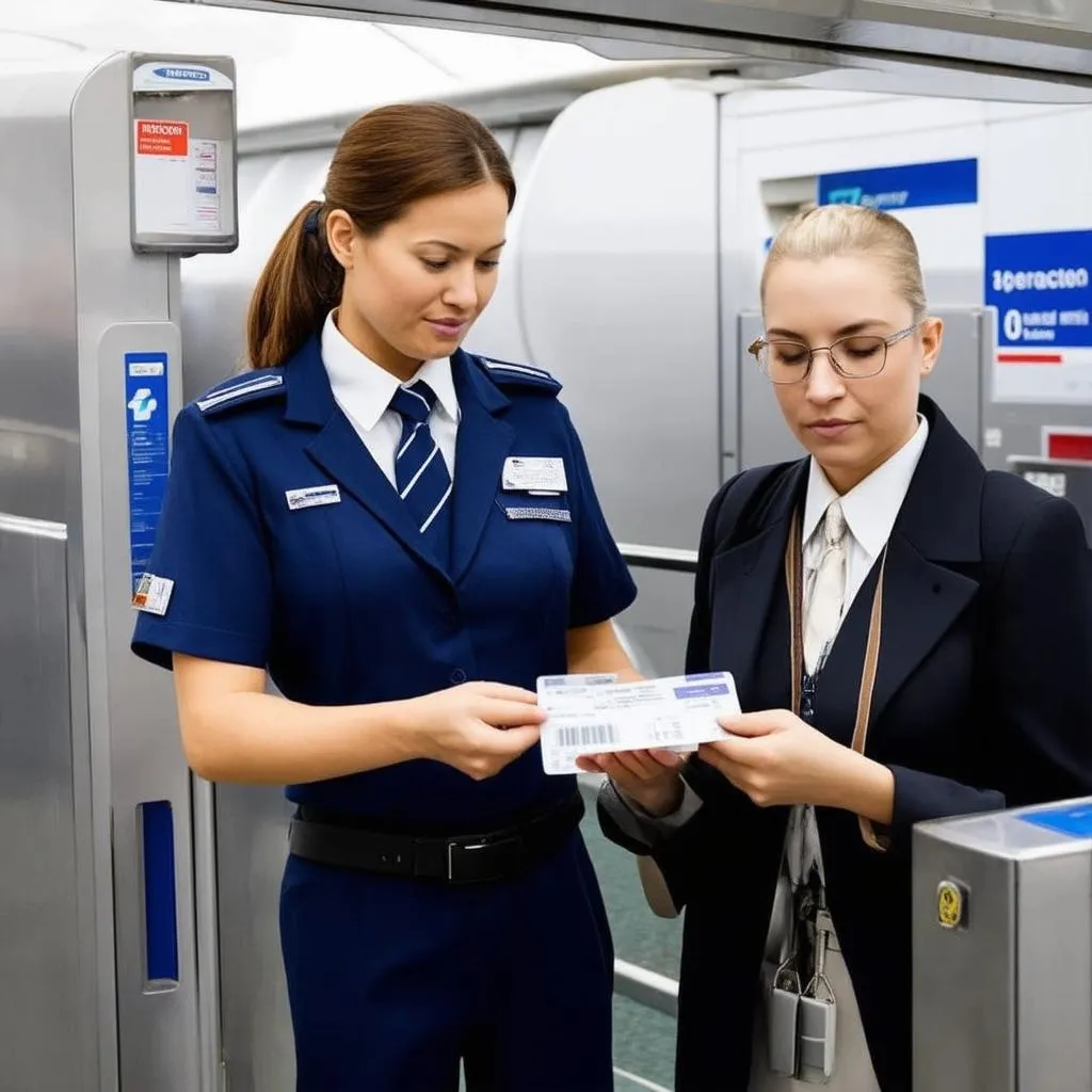 An airline worker assisting a passenger