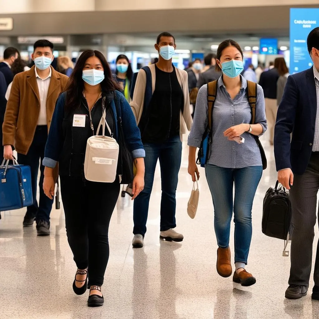 travelers wearing masks at the airport