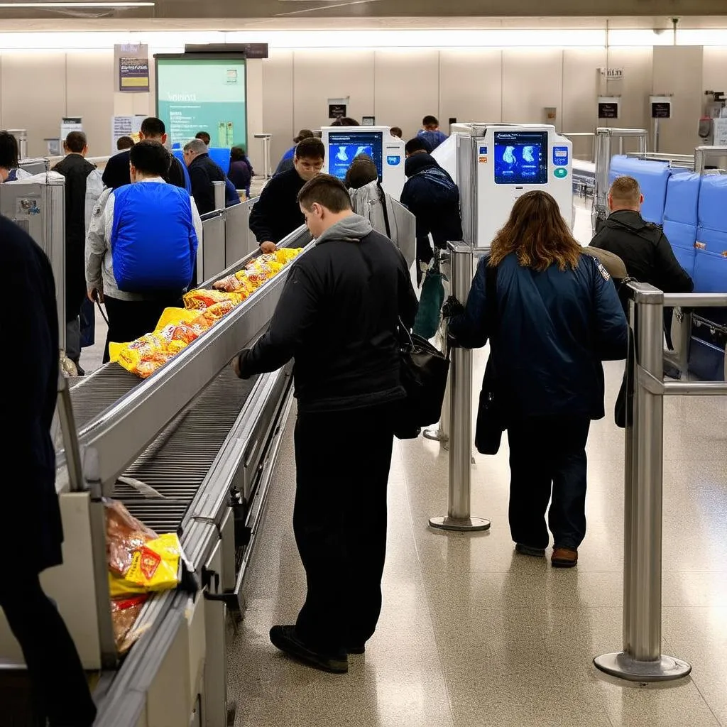 Travelers going through airport security with food