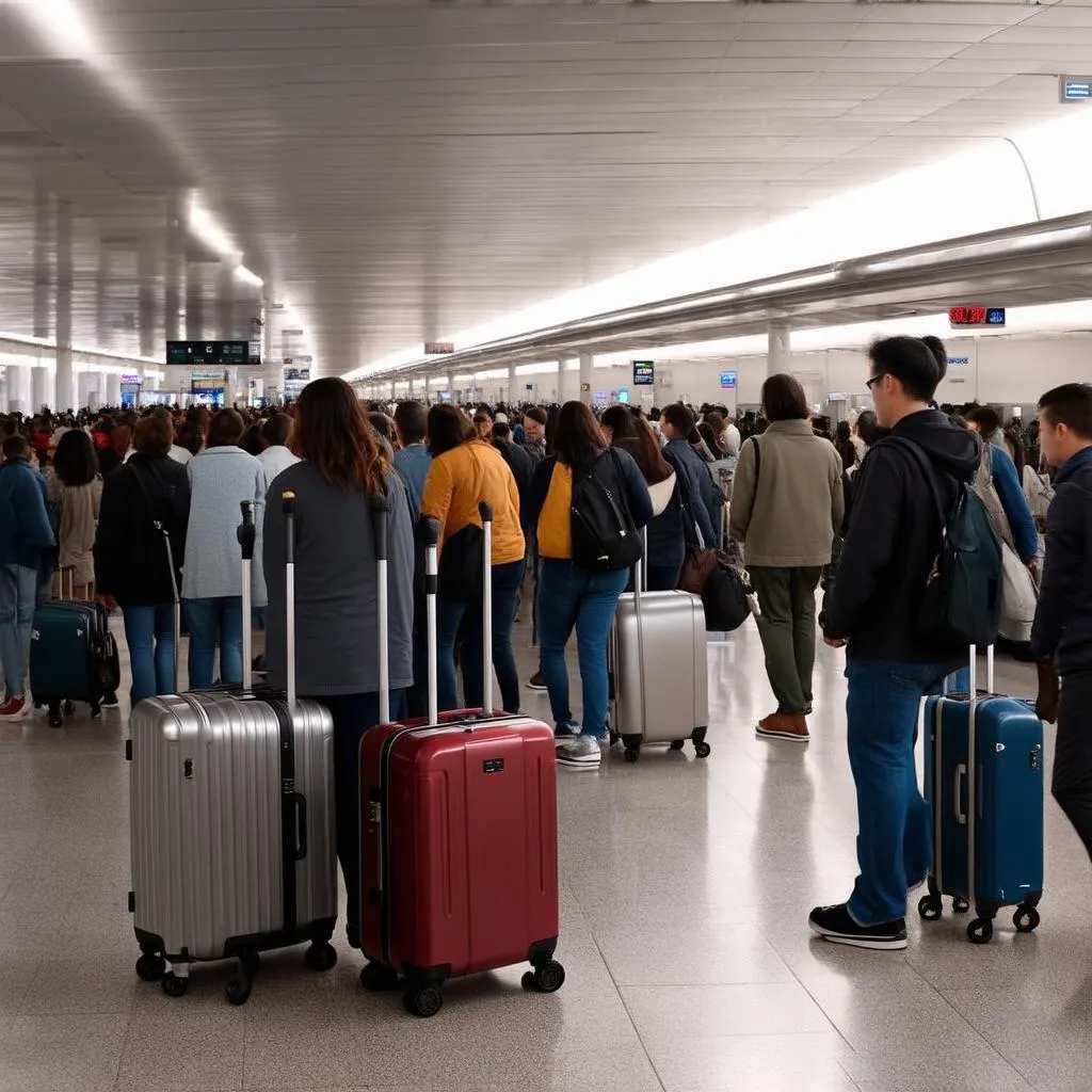 Travelers waiting in a long security line