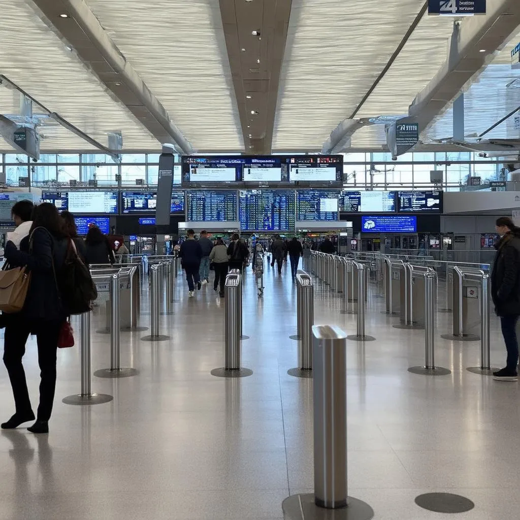 busy airport terminal with travelers