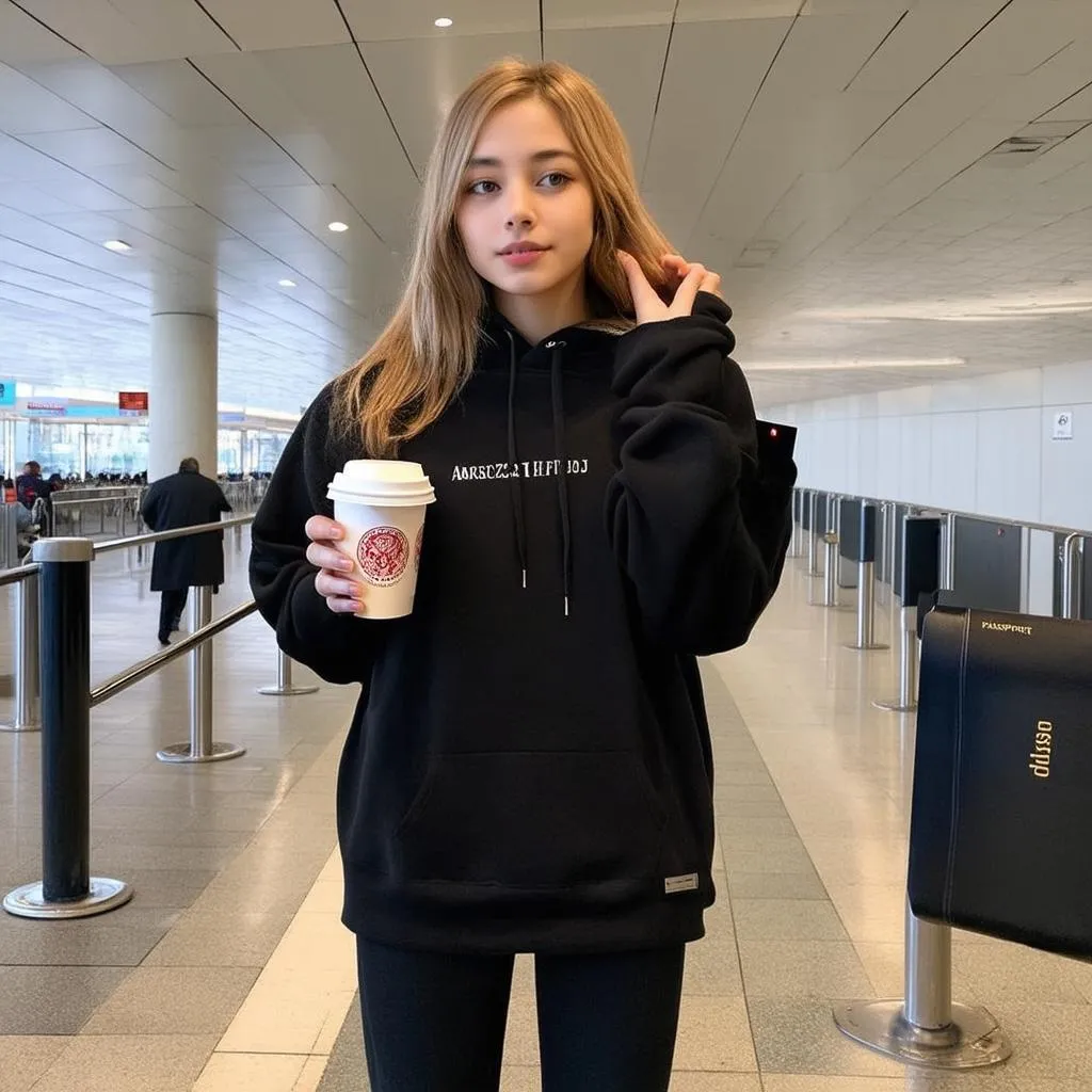 Stylish traveler wearing a comfortable hoodie at the airport