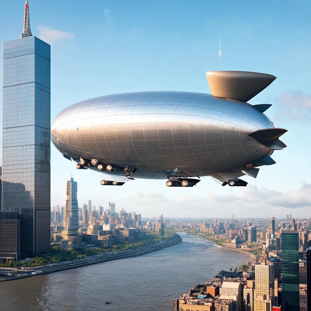 Airship flying over a city