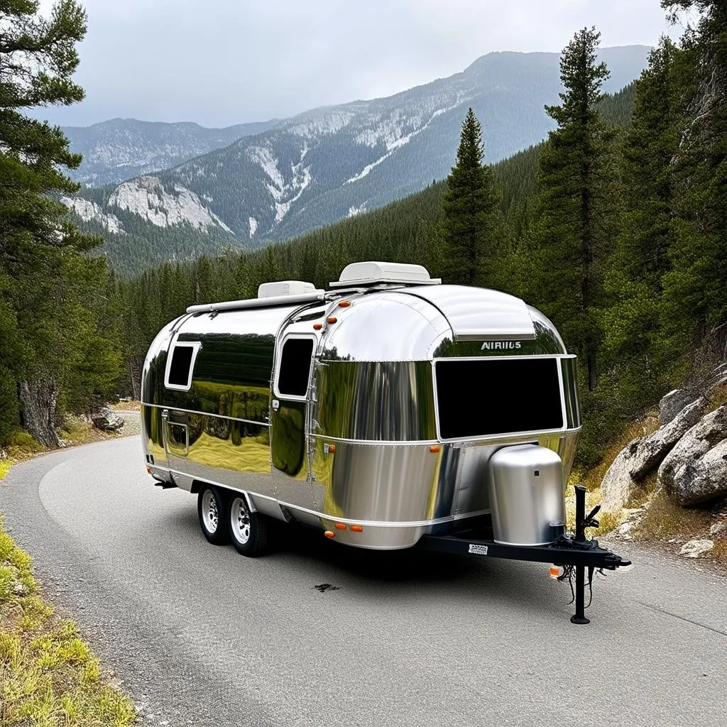 Airstream travel trailer on a scenic mountain road