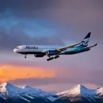 Alaska Airlines Plane Soaring Over Mountains