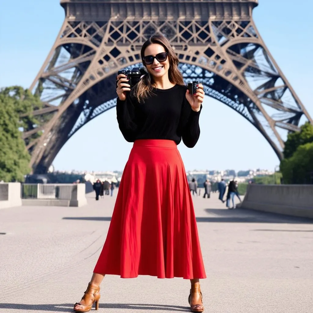 Woman in a Flowy Skirt Posing in Front of the Eiffel Tower