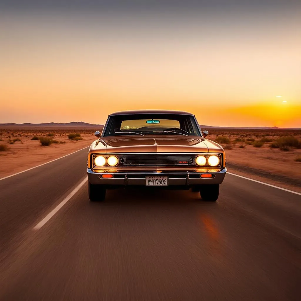 vintage car driving through desert landscape at sunset with AM radio playing