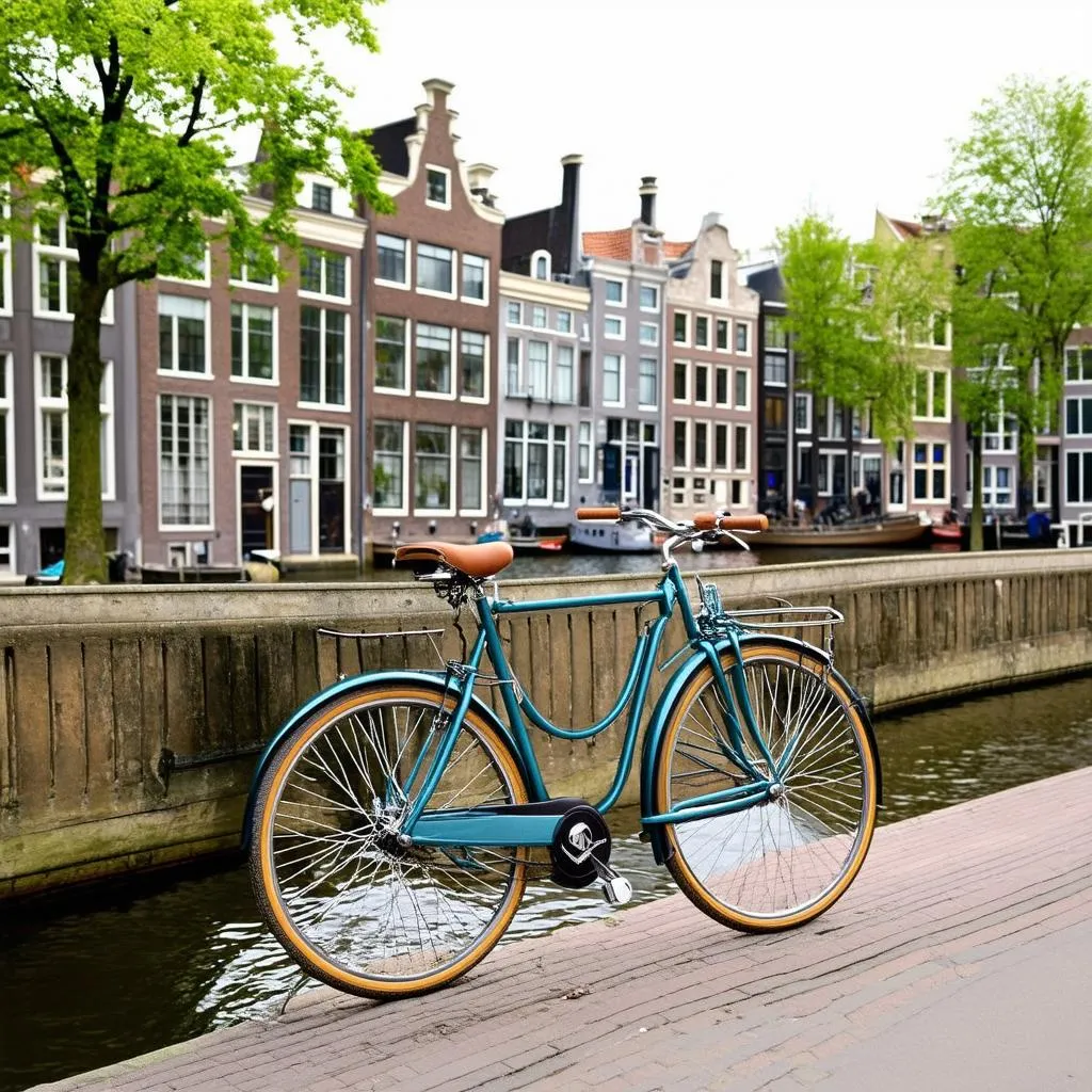 bicycle parked along a canal in amsterdam