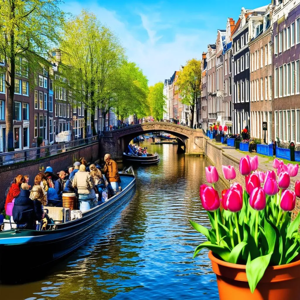 Amsterdam canals with tulips