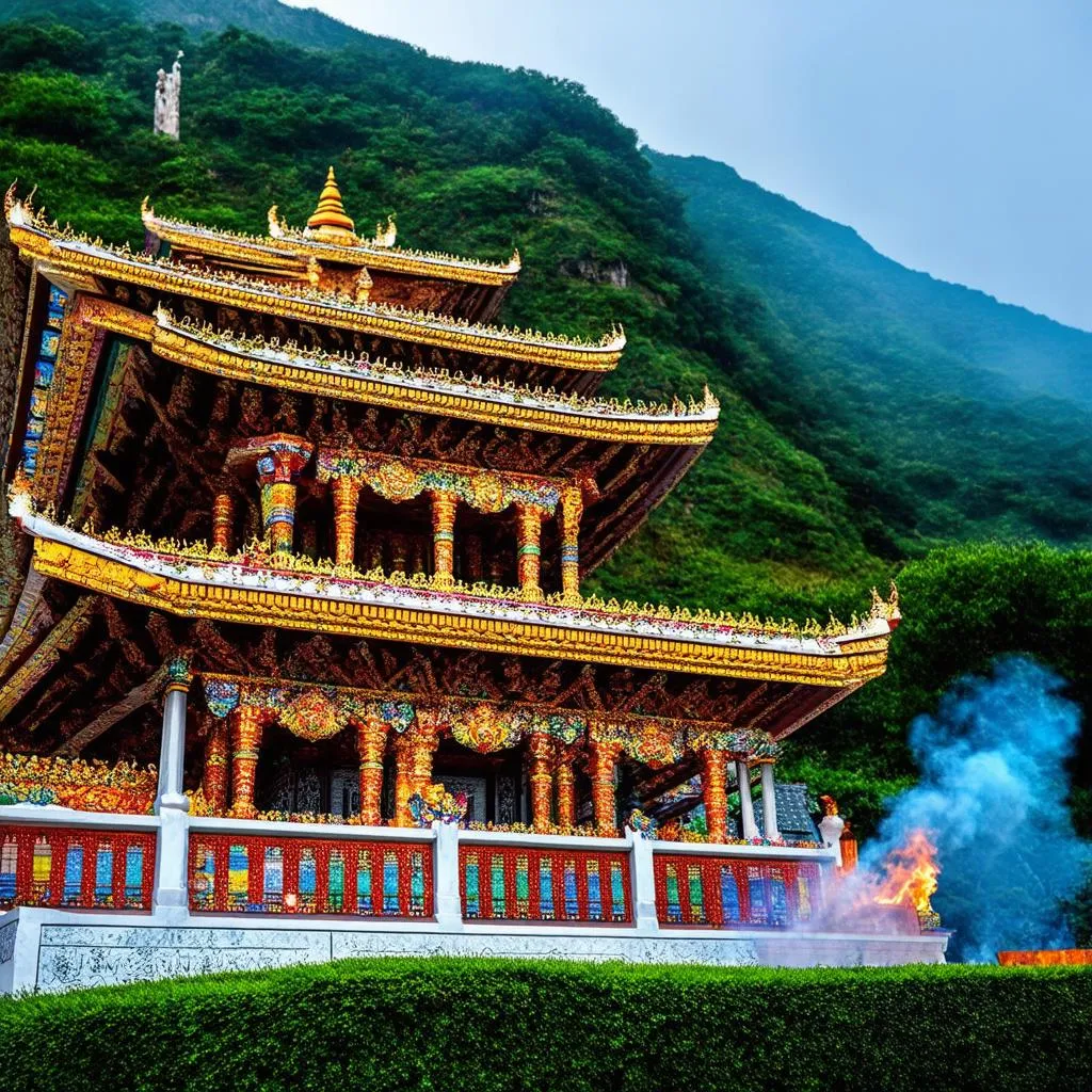 Buddhist pagoda with intricate carvings on Sam Mountain