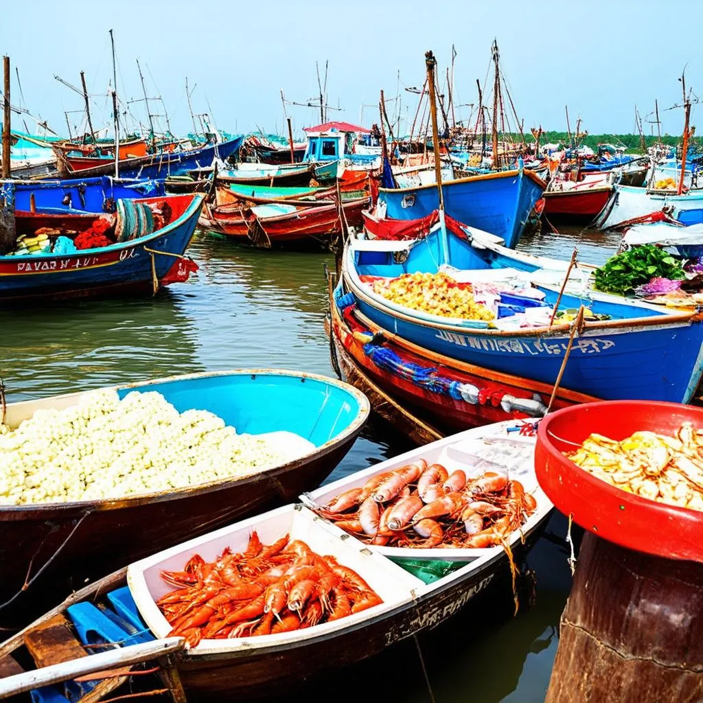 Vibrant fishing harbor with colorful boats