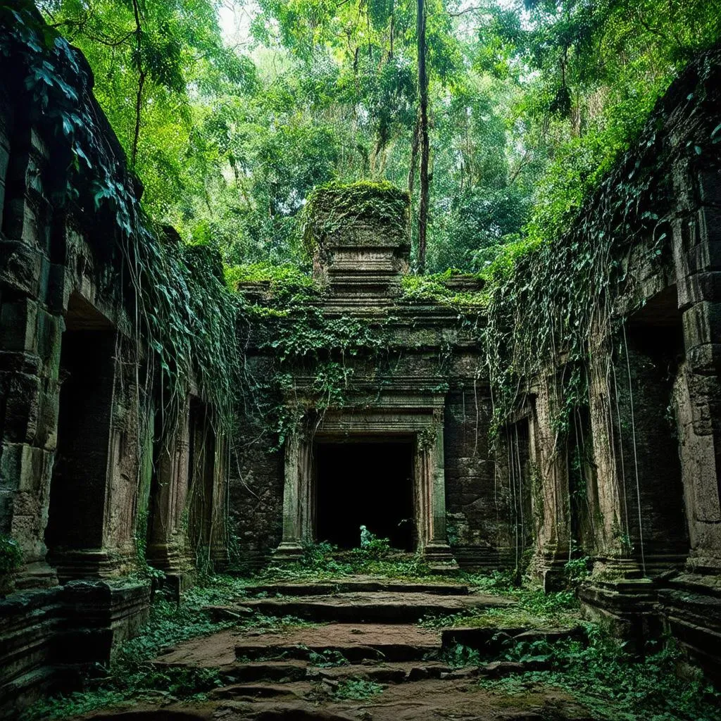 ancient ruins overgrown with jungle