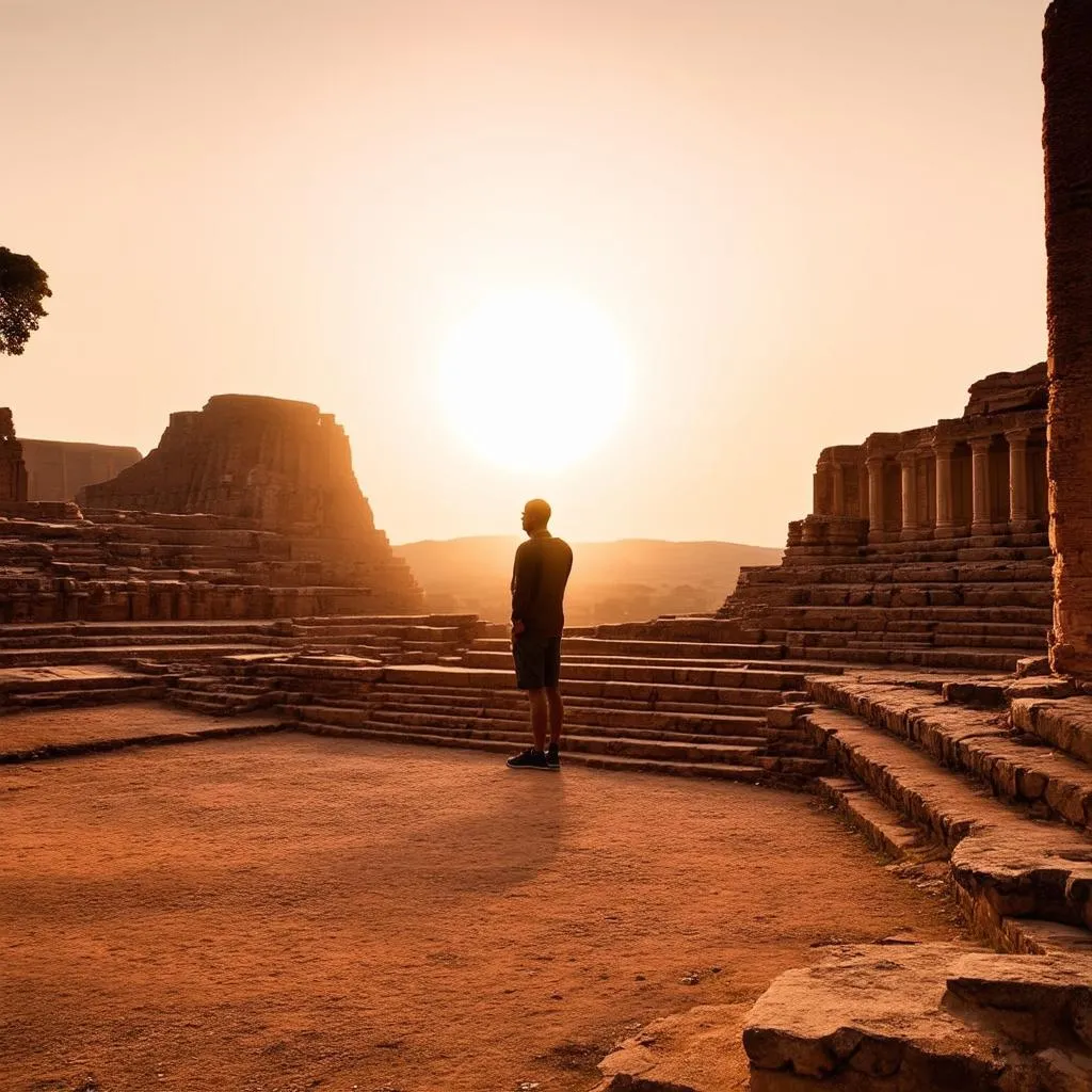 Exploring ancient ruins at sunset