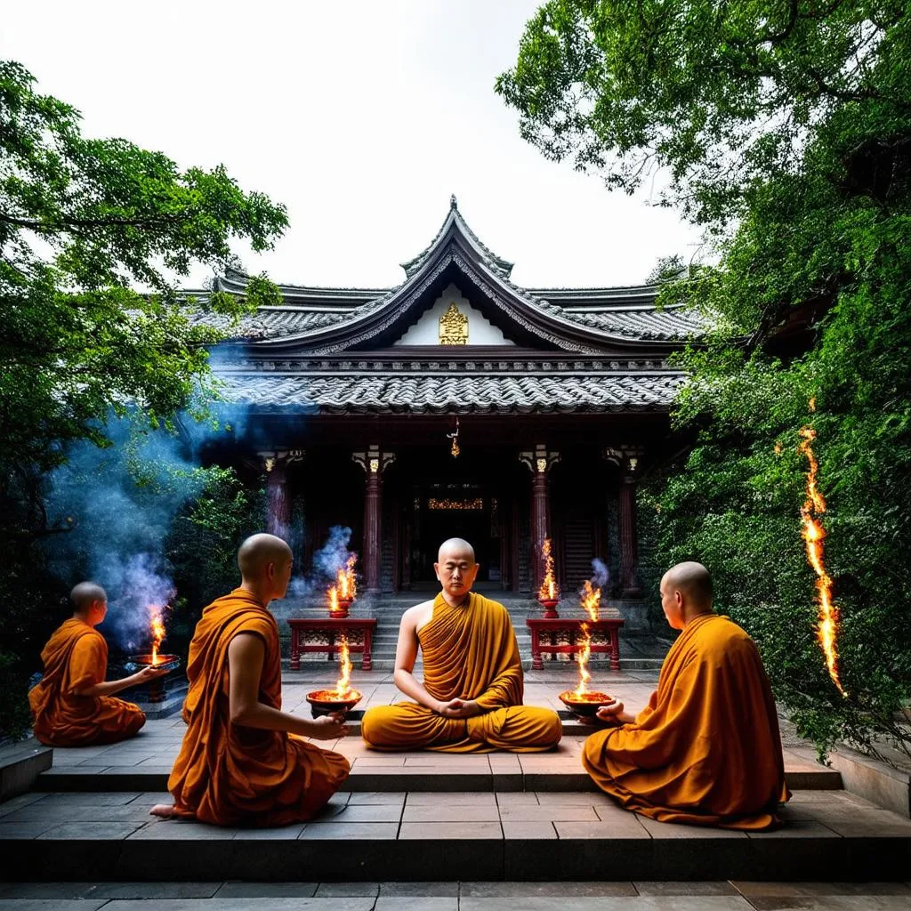 Serene Buddhist temple amidst lush greenery