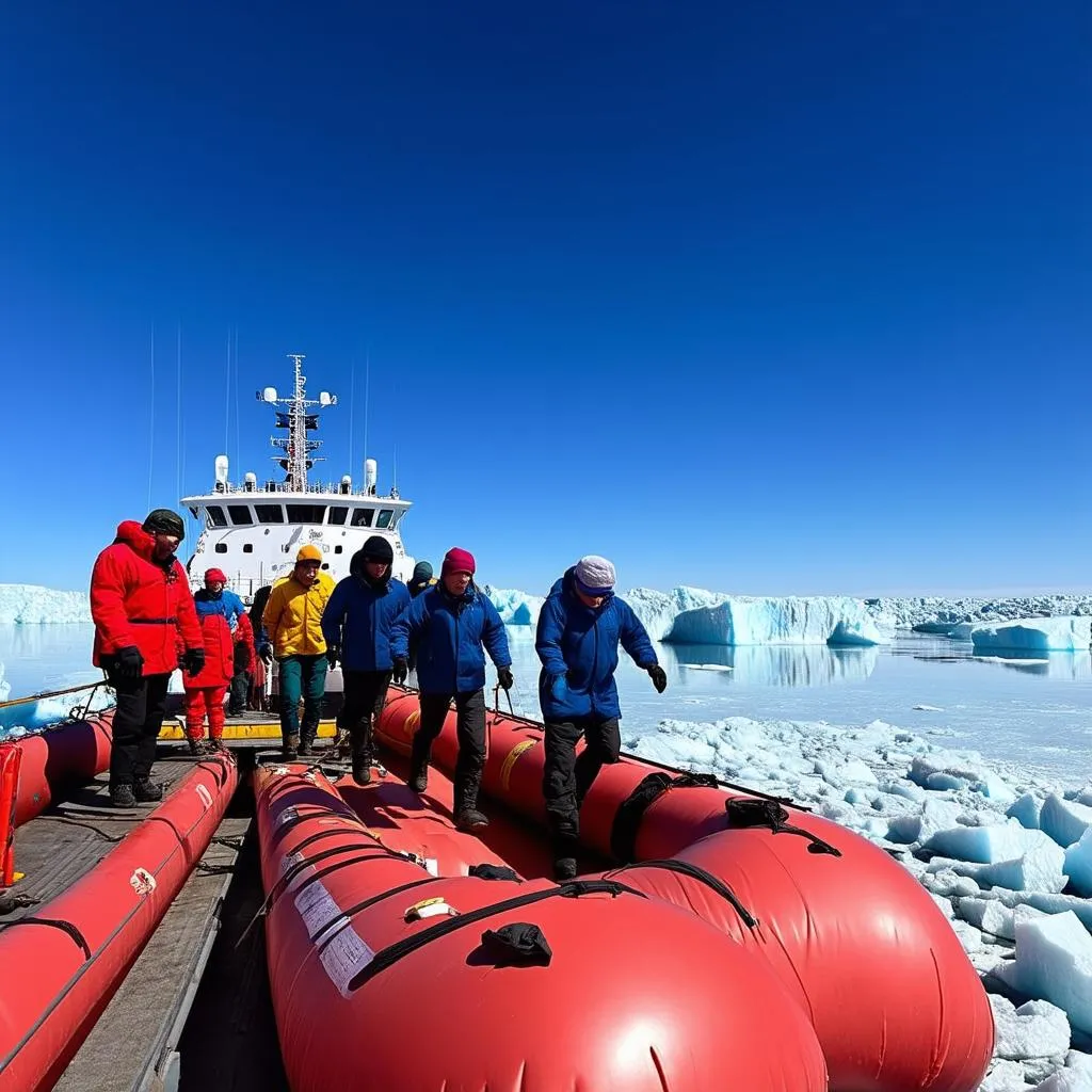 Tourists disembarking from a ship in Antarctica