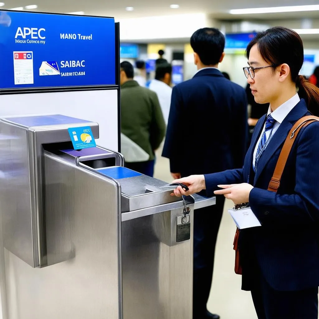 Business traveler using APEC card at airport immigration