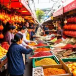 Group of tourists exploring a bustling Asian market