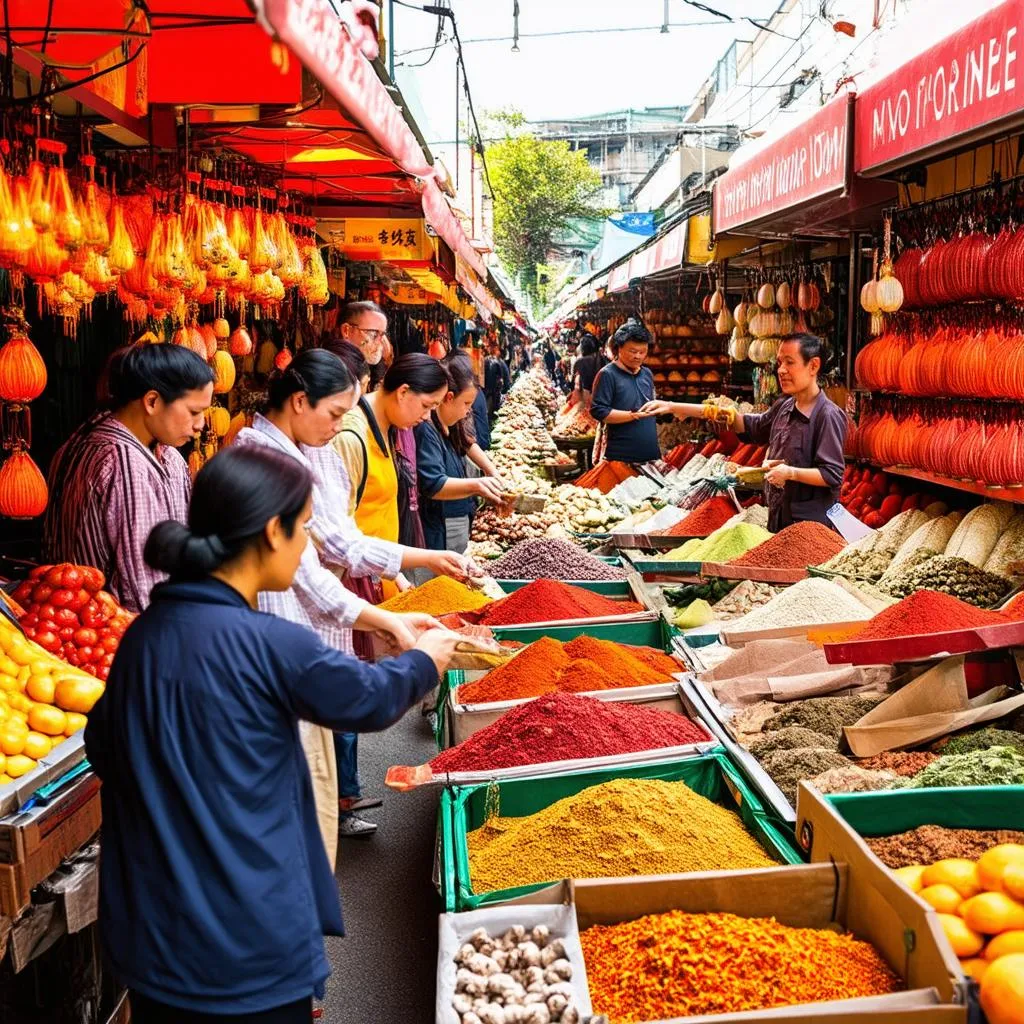 Group of tourists exploring a bustling Asian market